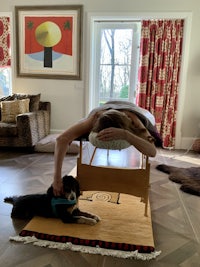 a woman giving a massage to a dog in a living room